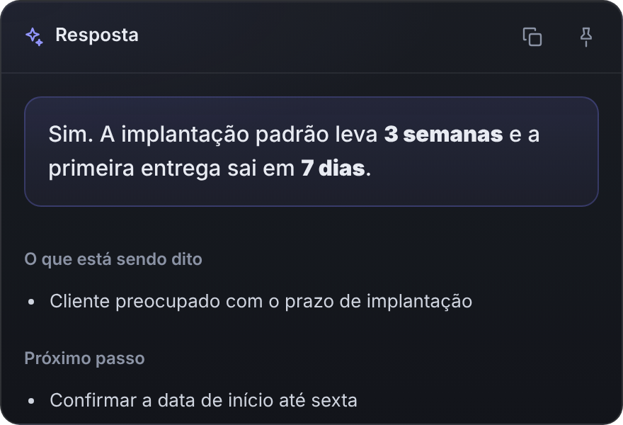 Janela de resposta com a sugestão do que dizer